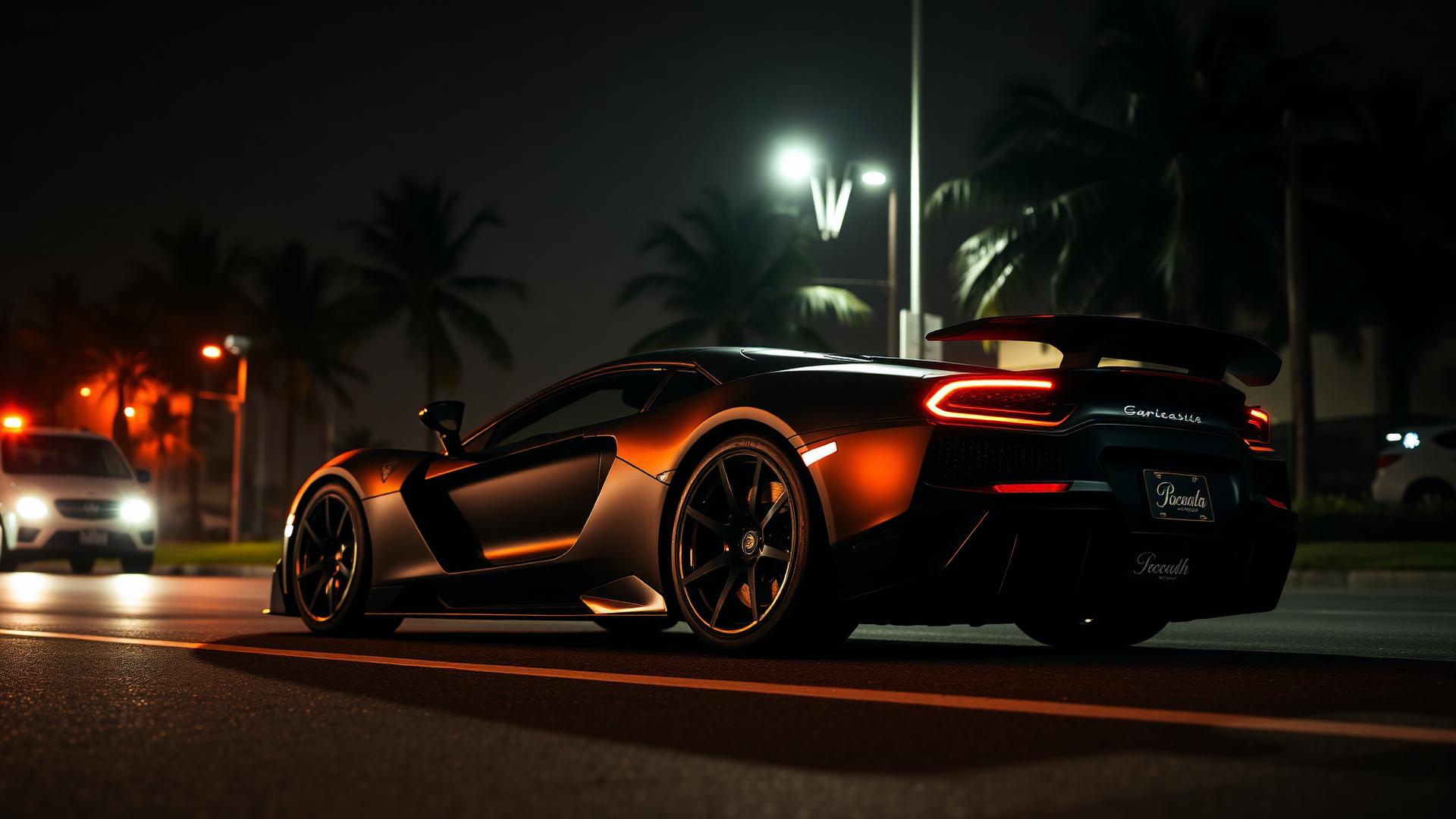Black exotic supercar on a Miami street at night